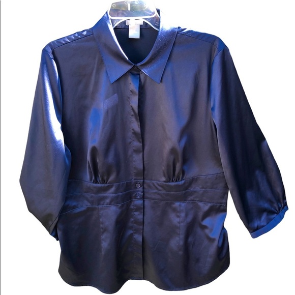 🌻 4/$25  Ann Taylor Sateen Button-Down Blouse, Navy Blue, Women’s 16, NWOT - Picture 1 of 4